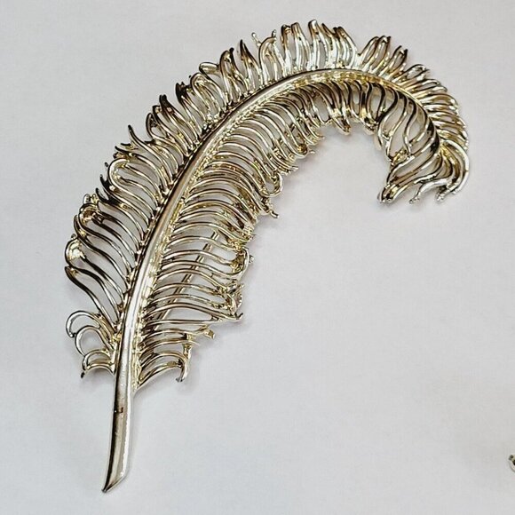 Vintage Coro Large Feather Brooch & Clip Earrings Set Demi-Parure Gold Tone READ - Picture 3 of 13